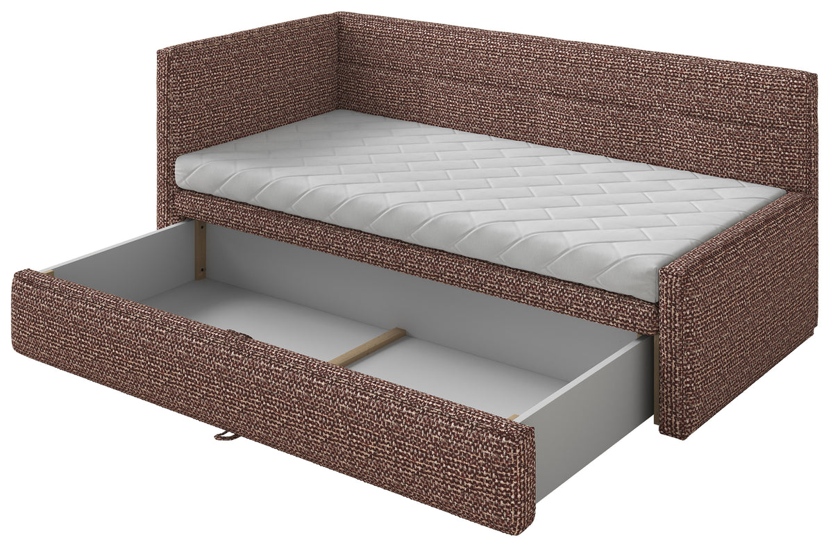 Lit junior 90x200 cm Nesmi gauche avec matelas et rangement tressé marron