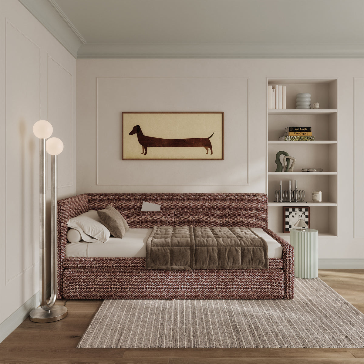 Lit junior 90x200 cm Nesmi gauche avec matelas et rangement tressé marron