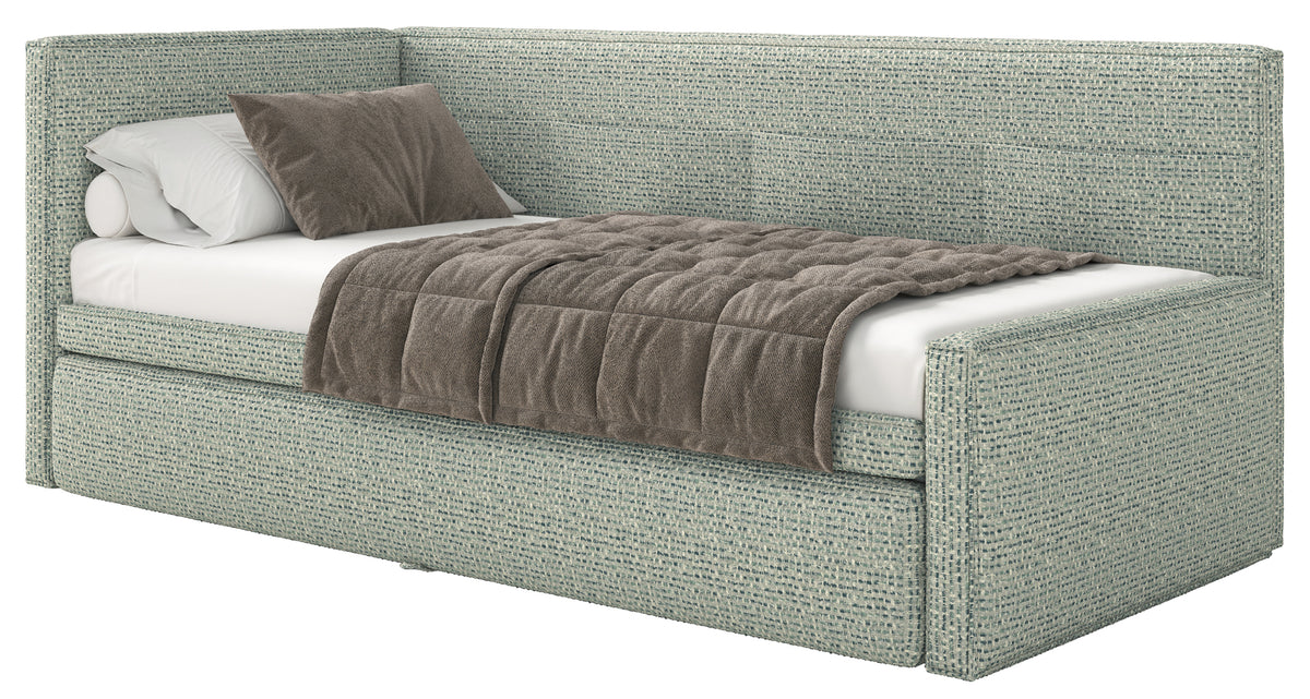 Lit junior 90x200 cm Nesmi gauche avec rangement, tissage sauge