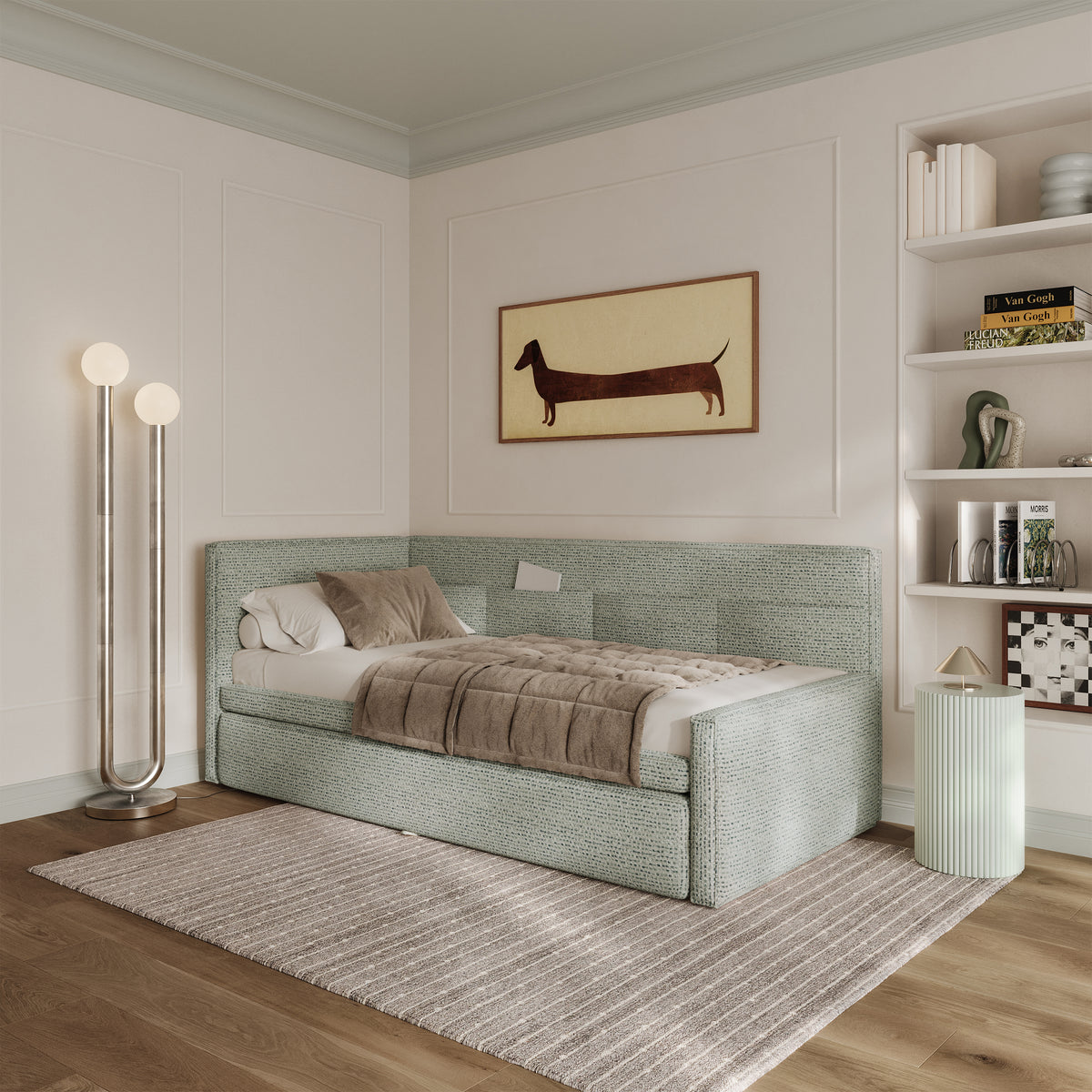 Lit junior 90x200 cm Nesmi gauche avec rangement, tissage sauge