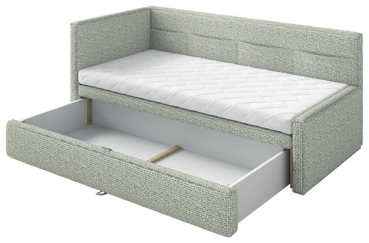 Lit junior 90x200 cm Nesmi gauche avec rangement, tissage sauge