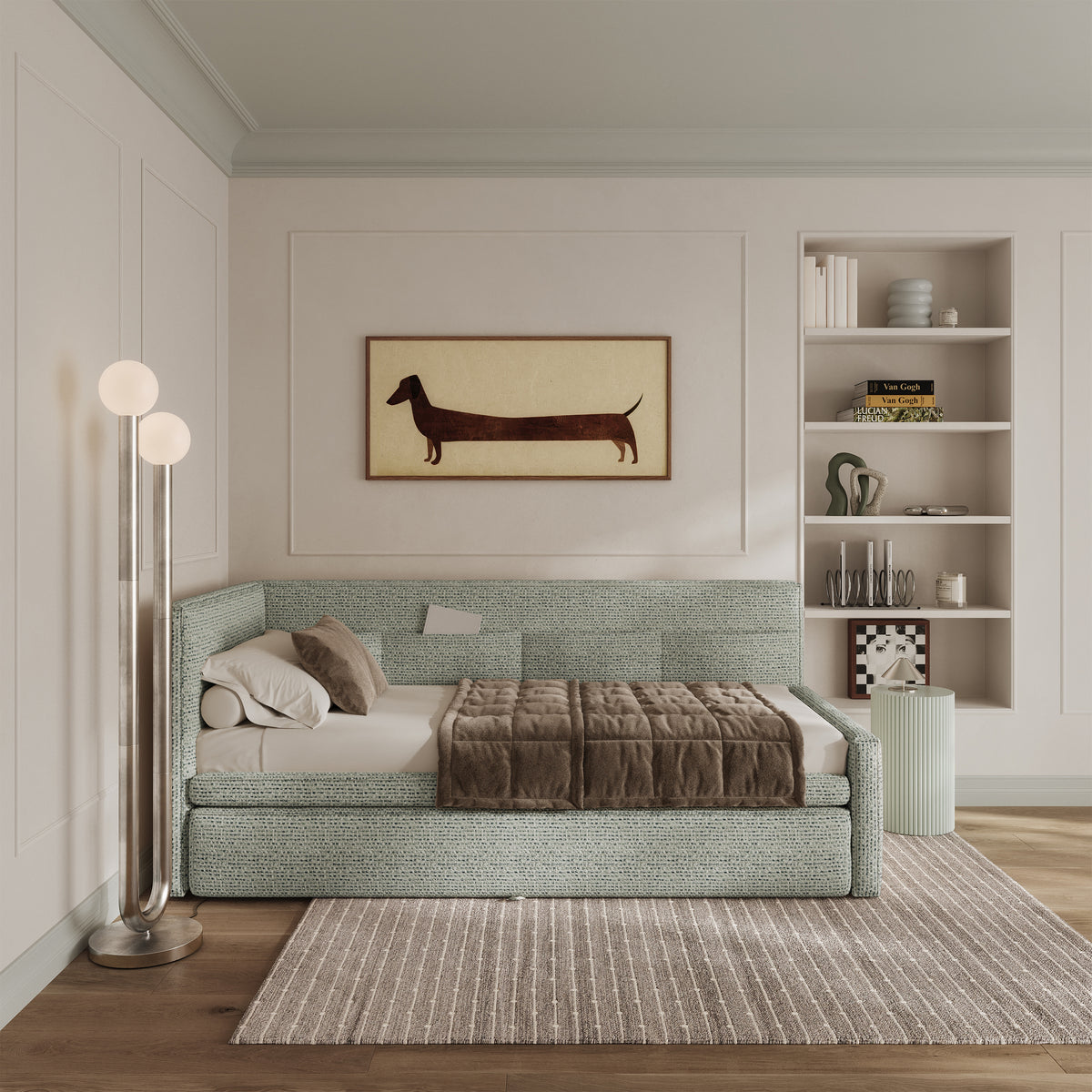 Lit junior 90x200 cm Nesmi gauche avec rangement, tissage sauge