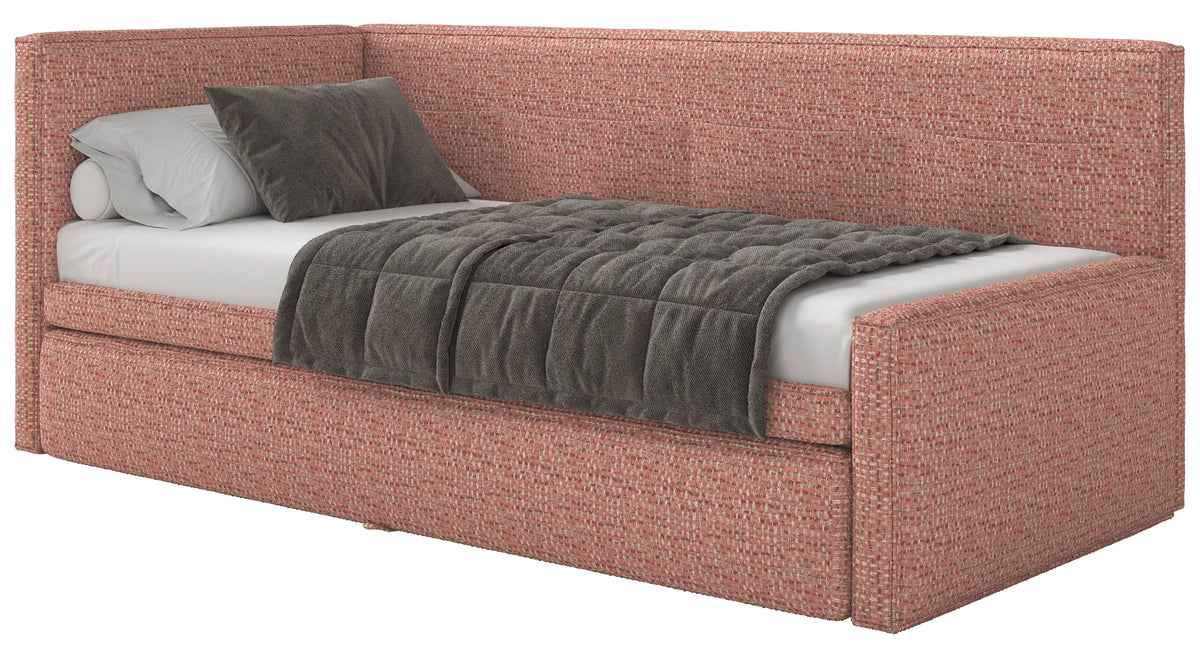 Lit junior 90x200 cm Nesmi gauche avec matelas et coffre rose tressé