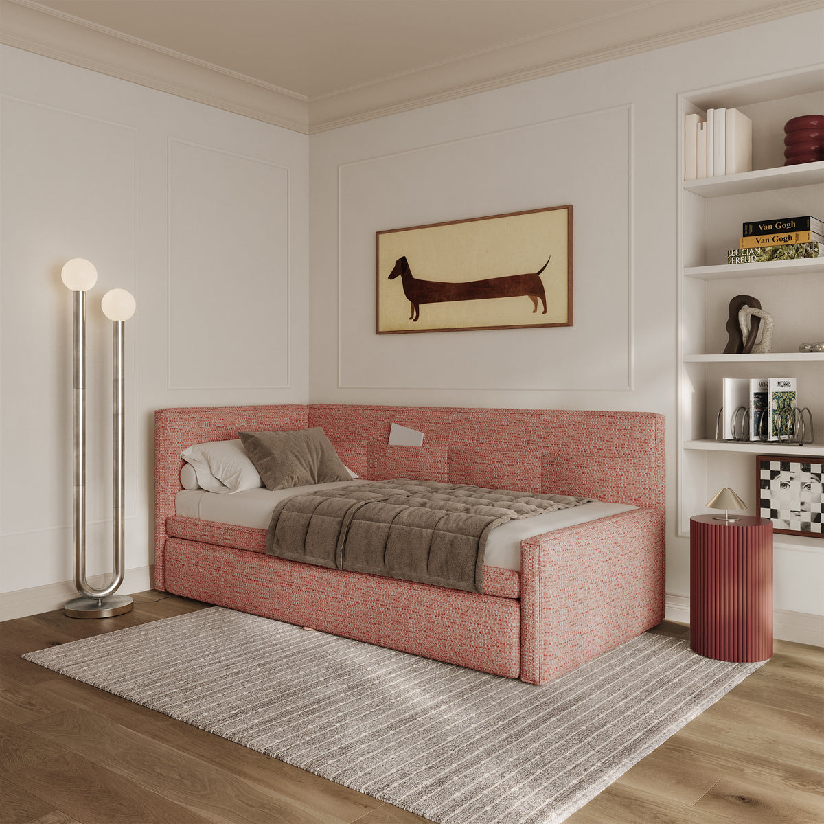 Lit junior 90x200 cm Nesmi gauche avec matelas et coffre rose tressé
