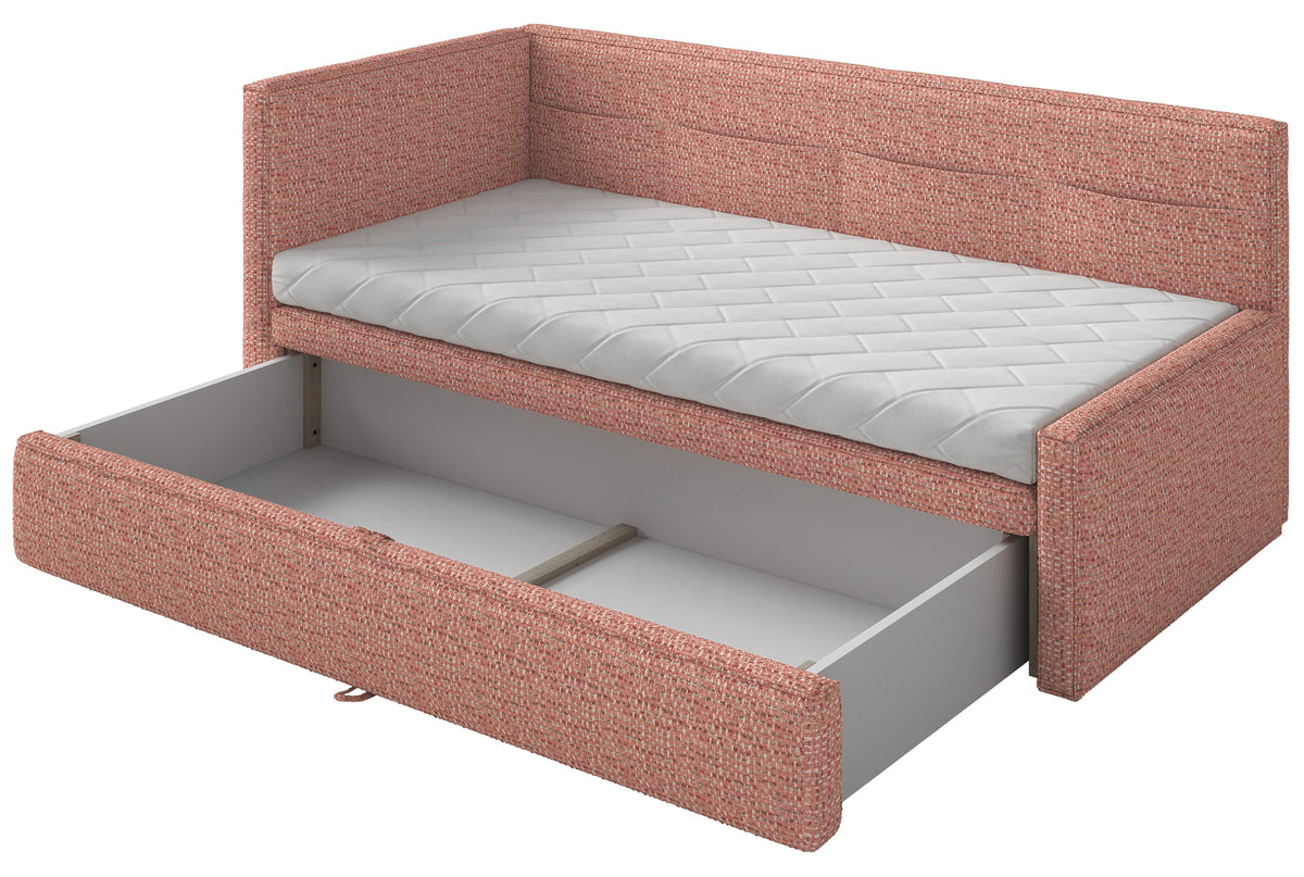Lit junior 90x200 cm Nesmi gauche avec matelas et coffre rose tressé