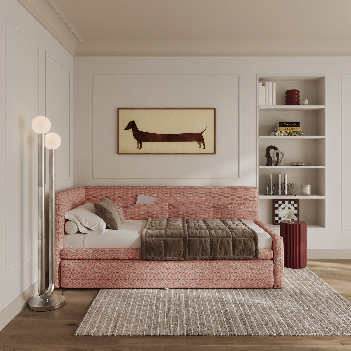 Lit junior 90x200 cm Nesmi gauche avec matelas et coffre rose tressé