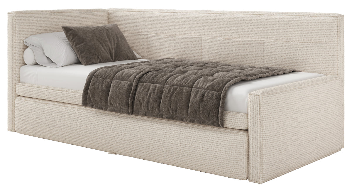 Jugendbett 90x200 cm Nesmi, links ausziehbar, mit Matratzen, hellbeige Flechtmuster
