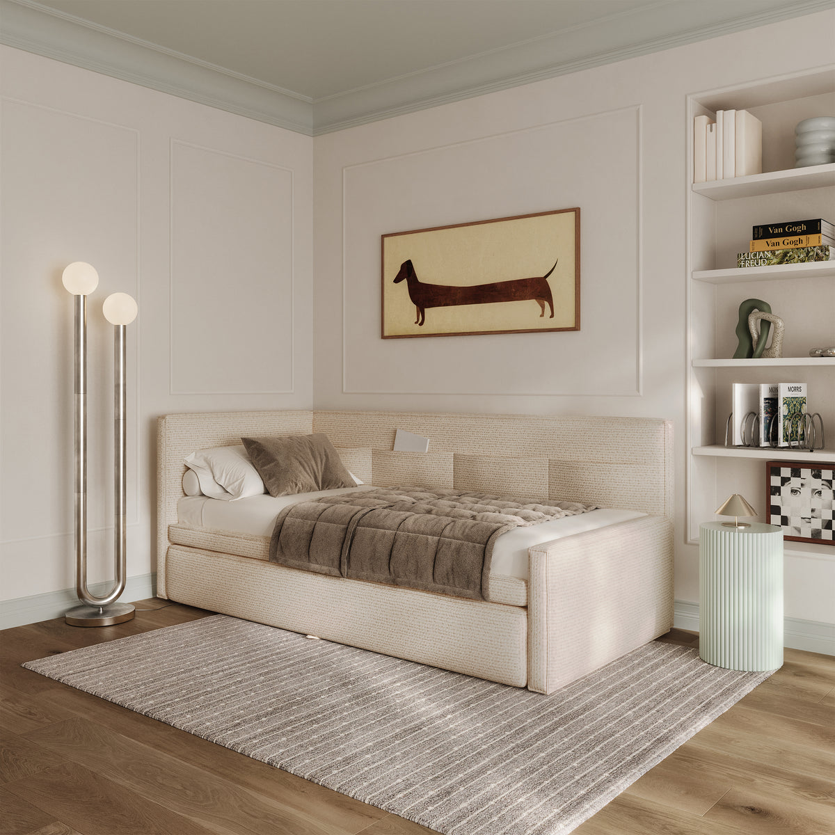 Jugendbett 90x200 cm Nesmi, links ausziehbar, mit Matratzen, hellbeige Flechtmuster