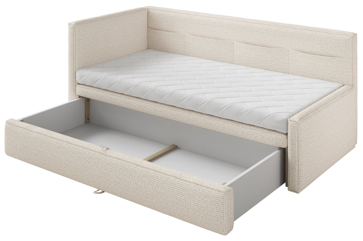Jugendbett 90x200 cm Nesmi links mit Matratze und Stauraum hellbeige Flechtoptik