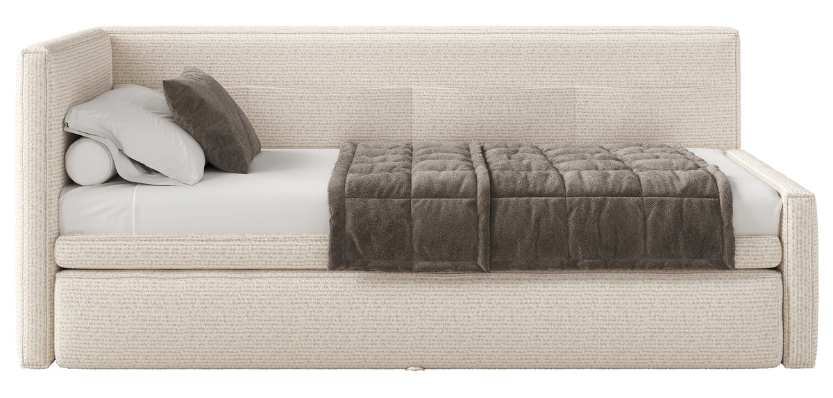 Jugendbett 90x200 cm Nesmi links mit Matratze und Stauraum hellbeige Flechtoptik