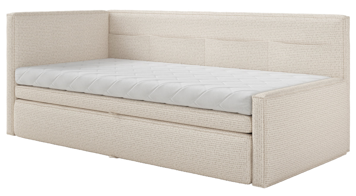 Jugendbett 90x200 cm Nesmi links mit Matratze und Stauraum hellbeige Flechtoptik