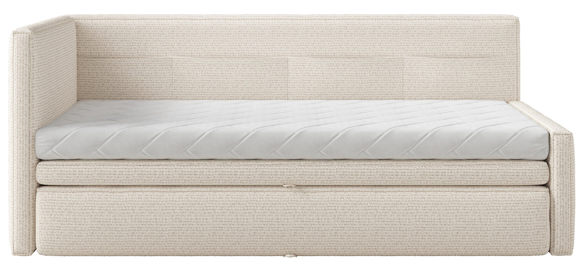 Jugendbett 90x200 cm Nesmi links mit Matratze und Stauraum hellbeige Flechtoptik