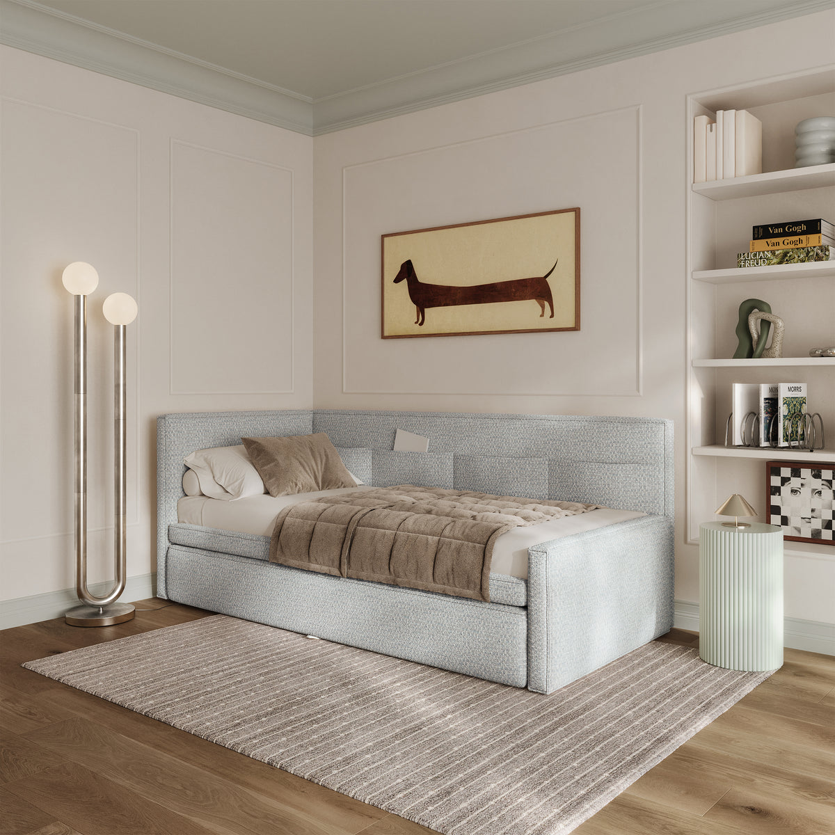 Lit pour adolescent 90x200 cm Nesmi gauche avec rangement bleu clair tressé