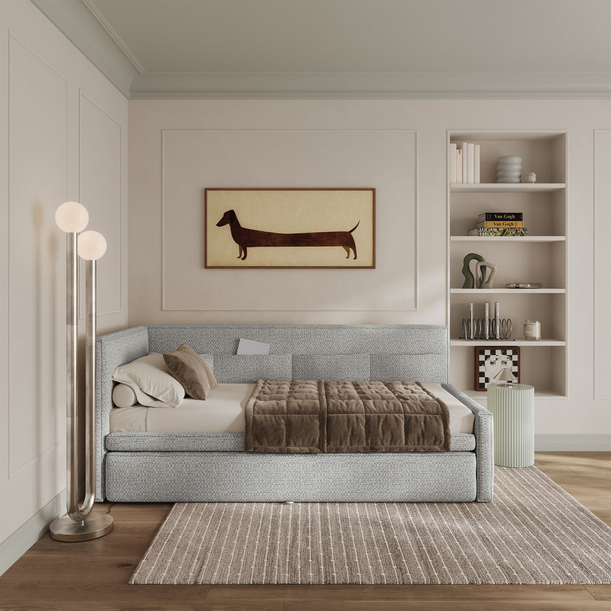 Lit pour adolescent 90x200 cm Nesmi gauche avec rangement bleu clair tressé