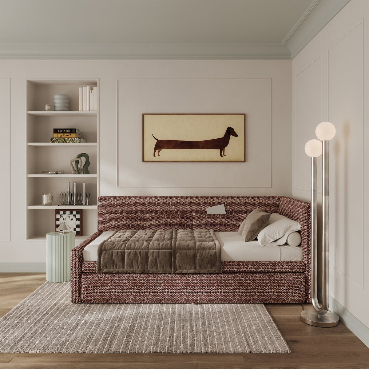 Jugendbett 90x200 cm Nesmi rechtsseitig mit Stauraum braunes Geflecht