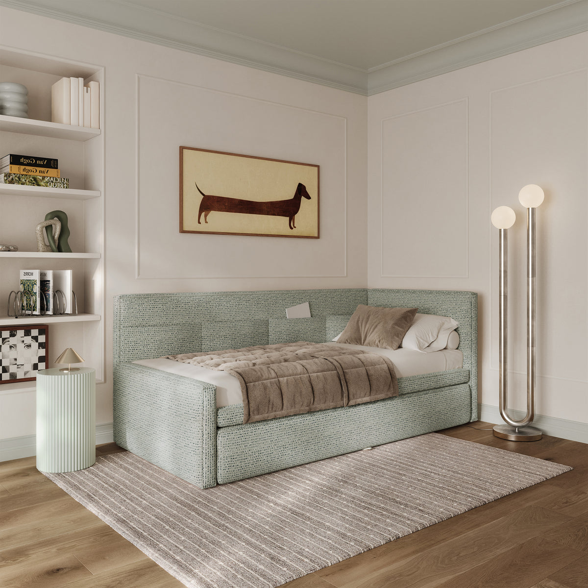 Lit junior 90x200 cm Nesmi droit avec rangement tissage sauge