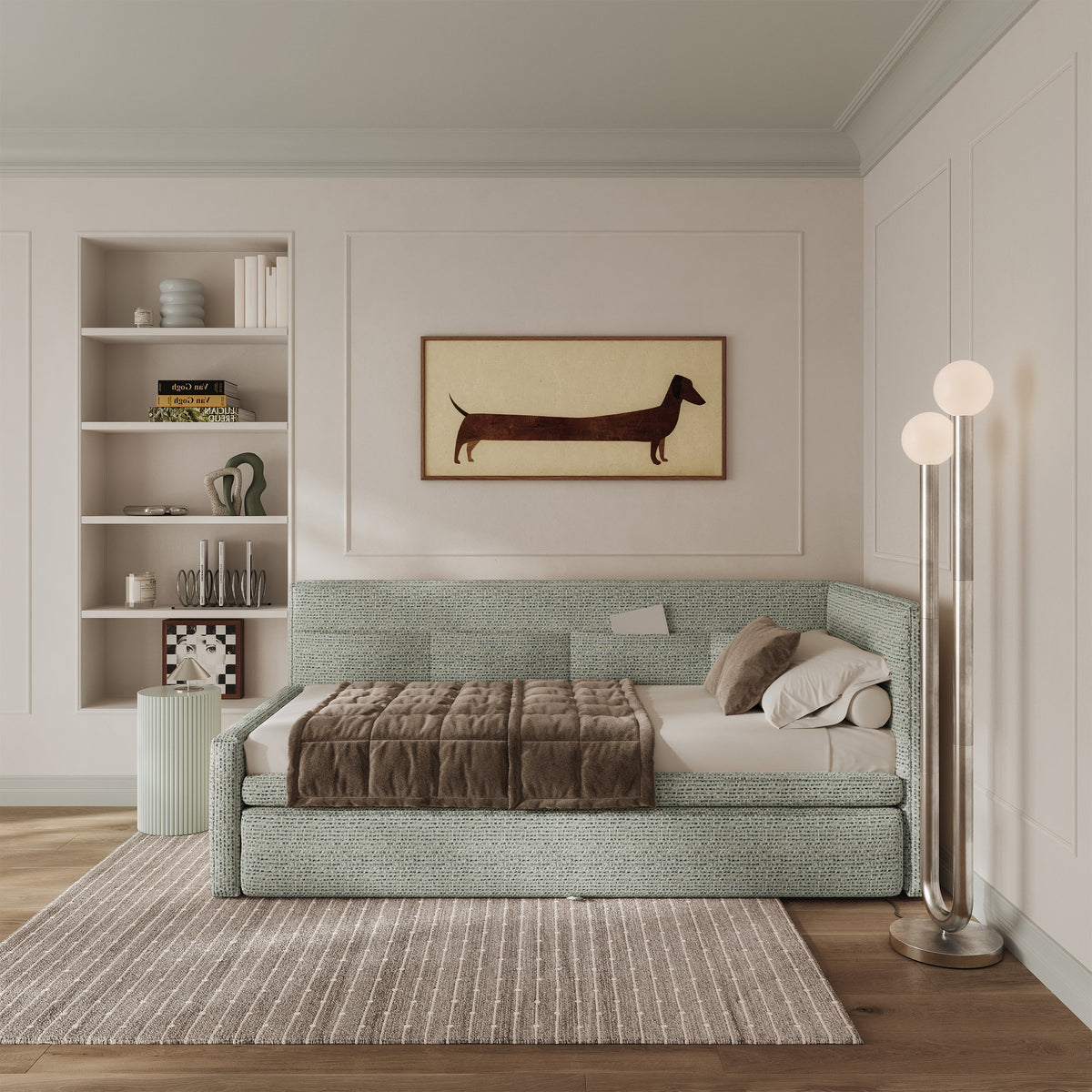 Lit junior 90x200 cm Nesmi droit avec rangement tissage sauge