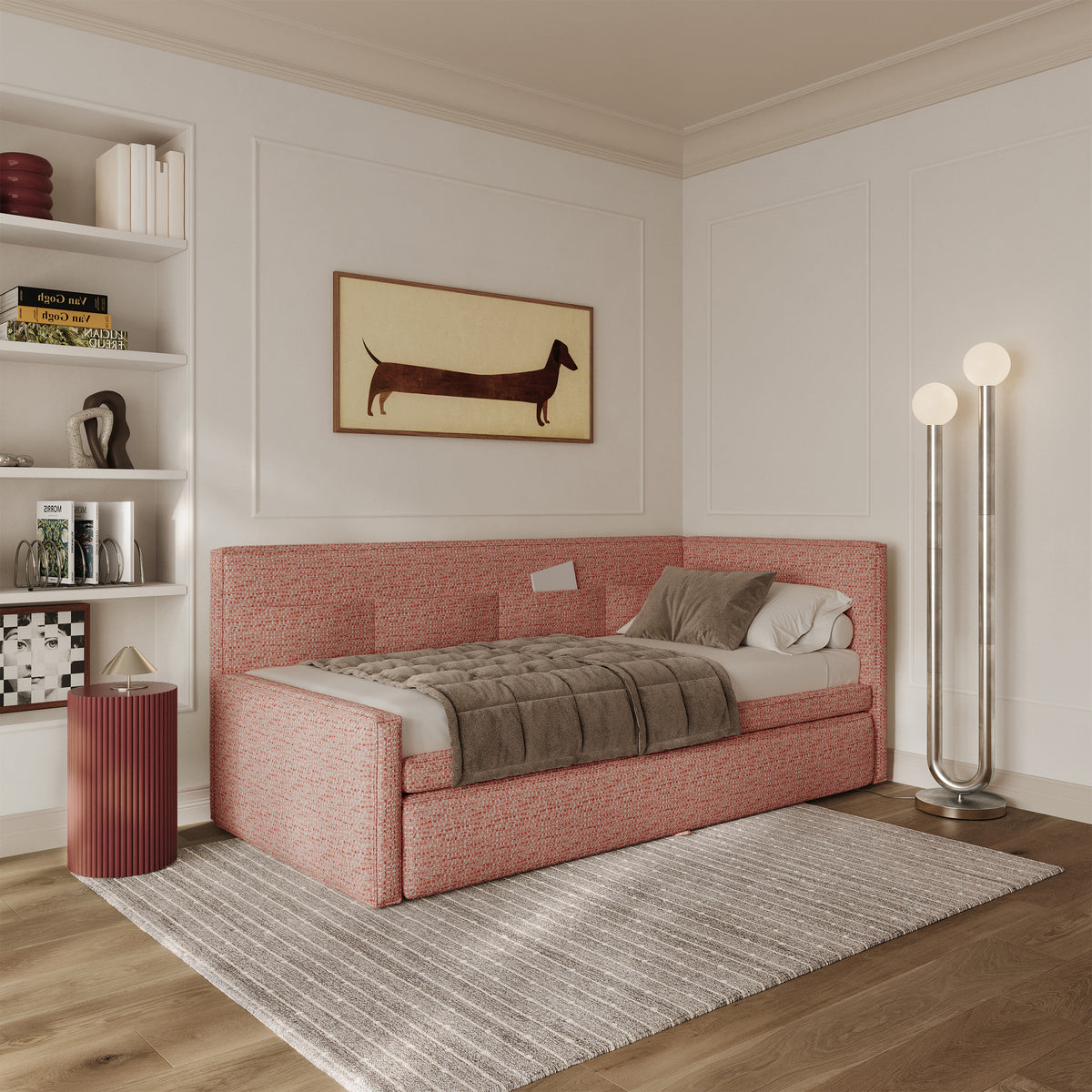 Lit junior 90x200 cm Nesmi droit avec rangement tressé rose