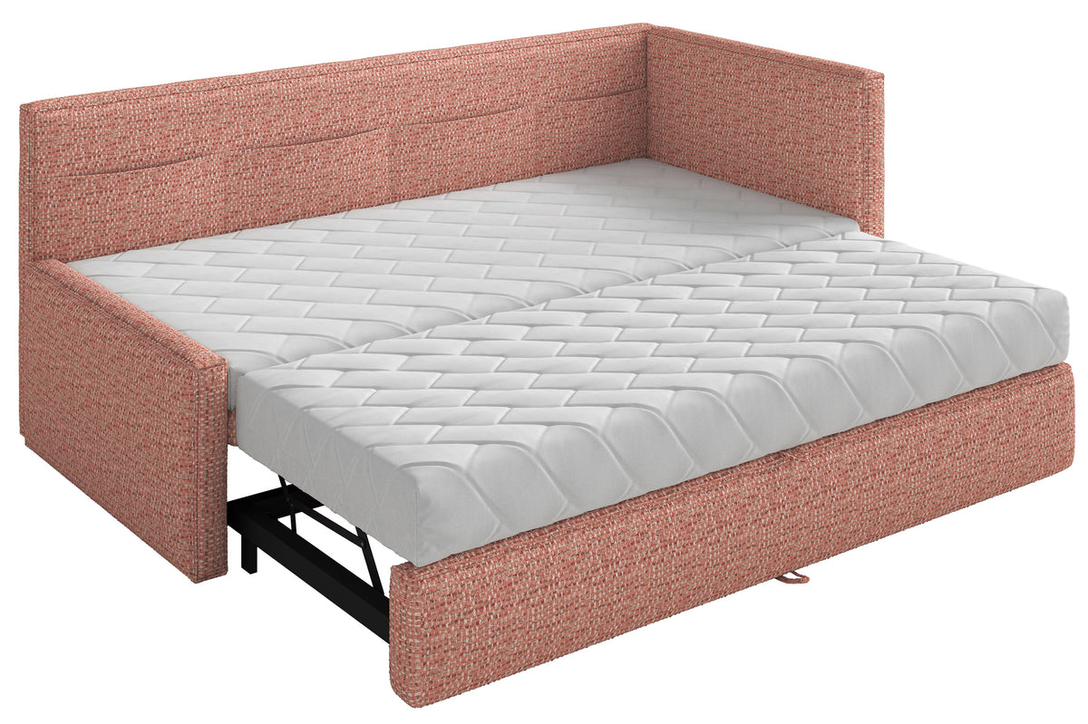 Lit gigogne 90x200 cm Nesmi, tiroir latéral droit, avec matelas, tissage rose