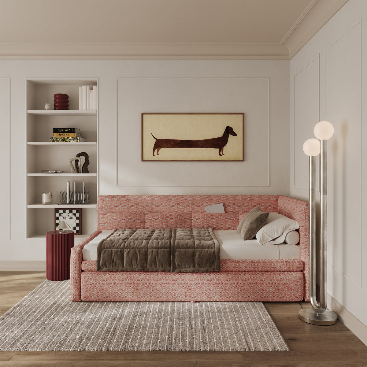 Lit junior 90x200 cm Nesmi droit avec rangement tressé rose