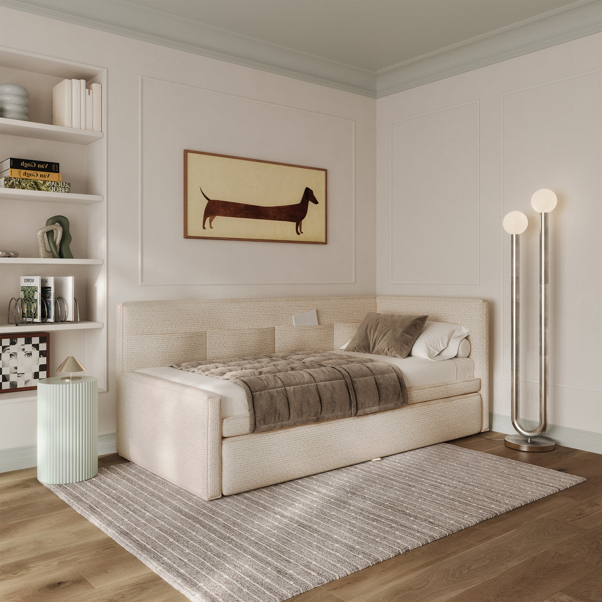Jugendbett 90x200 cm Nesmi, rechts ausziehbar, mit Matratzen, hellbeige Flechtoptik