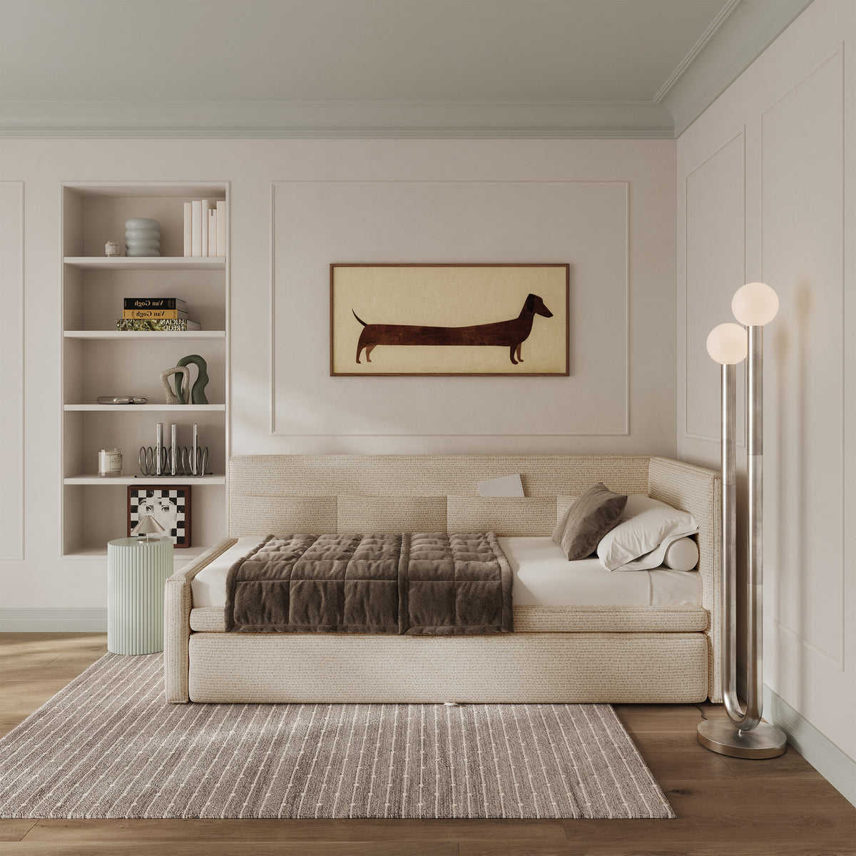 Jugendbett 90x200 cm Nesmi, rechts ausziehbar, mit Matratzen, hellbeige Flechtoptik