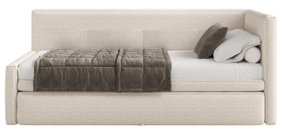 Jugendbett 90x200 cm Nesmi, rechts ausziehbar, mit Matratzen, hellbeige Flechtoptik