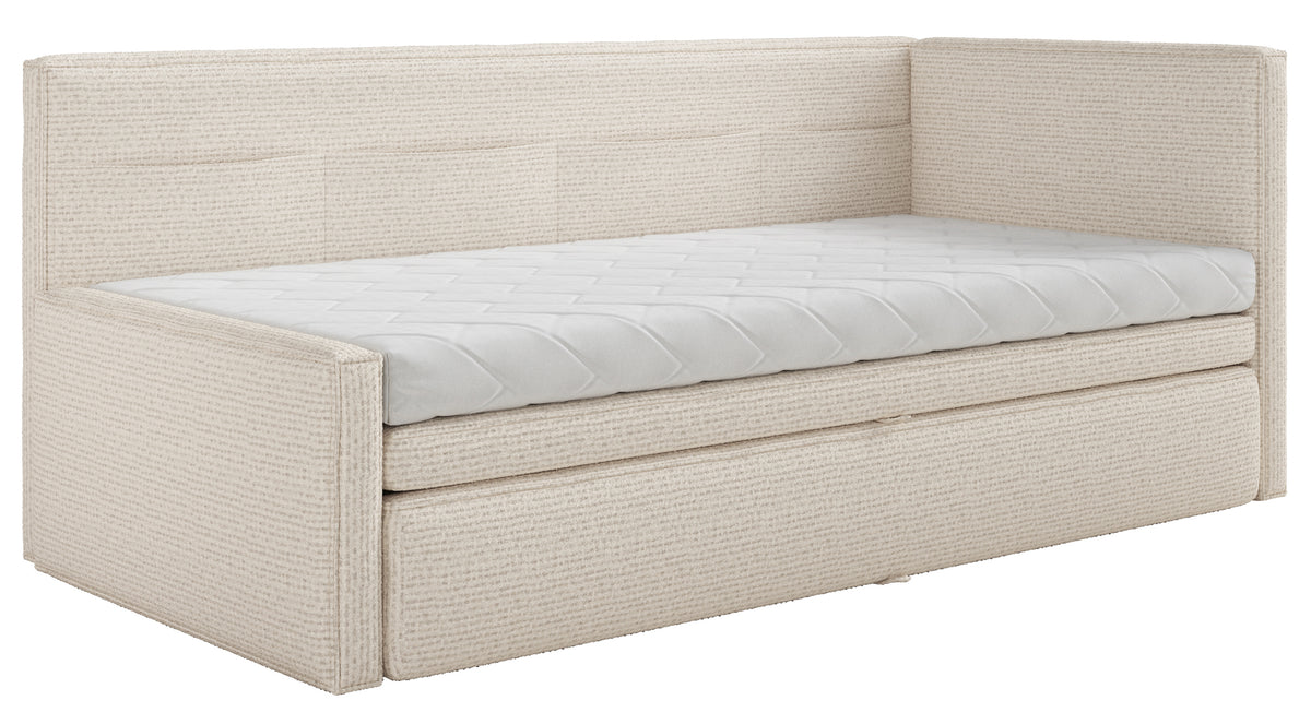 Jugendbett 90x200 cm Nesmi, rechts ausziehbar, mit Matratzen, hellbeige Flechtoptik