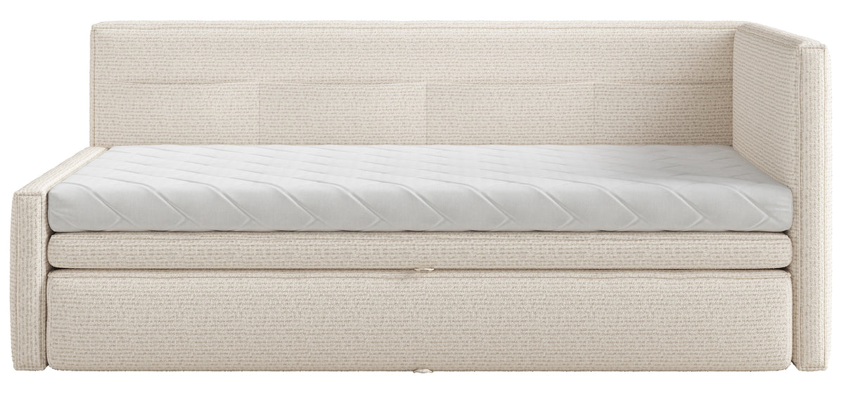 Jugendbett 90x200 cm Nesmi, rechts ausziehbar, mit Matratzen, hellbeige Flechtoptik