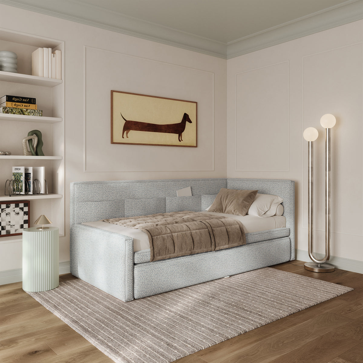 Lit junior 90x200 cm Nesmi droit avec rangement tissage bleu clair