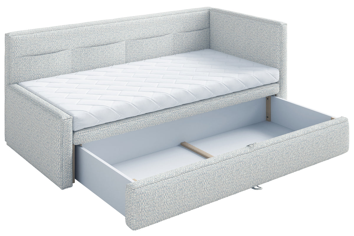 Lit junior 90x200 cm Nesmi droit avec rangement tissage bleu clair