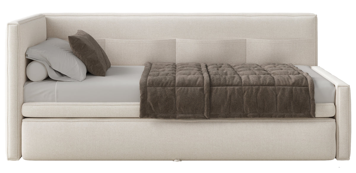 Lit jeune 90x200 cm Nesmi gauche avec rangement, crème en chenille facile à nettoyer