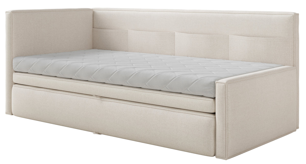Lit jeune 90x200 cm Nesmi gauche avec rangement, crème en chenille facile à nettoyer