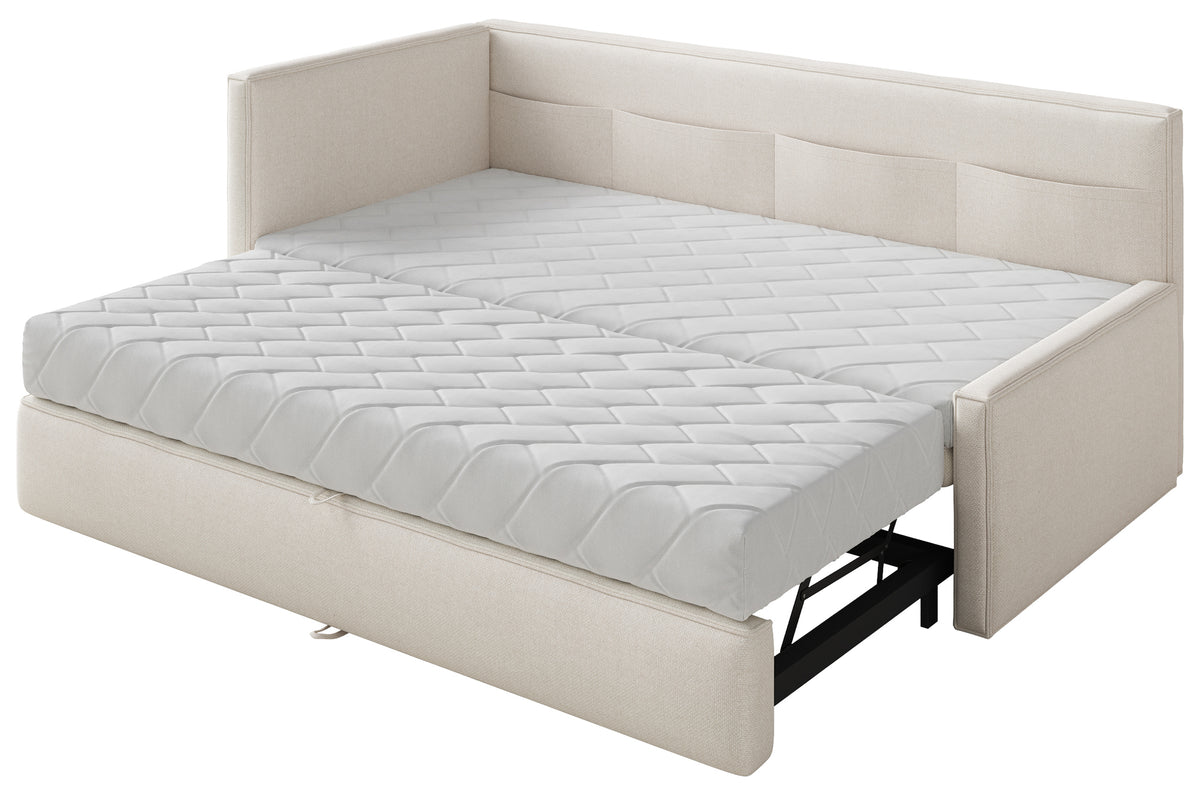 Lit 90x200 cm Nesmi pour adolescent, tiroir gauche, avec matelas, crème en chenille facile à nettoyer
