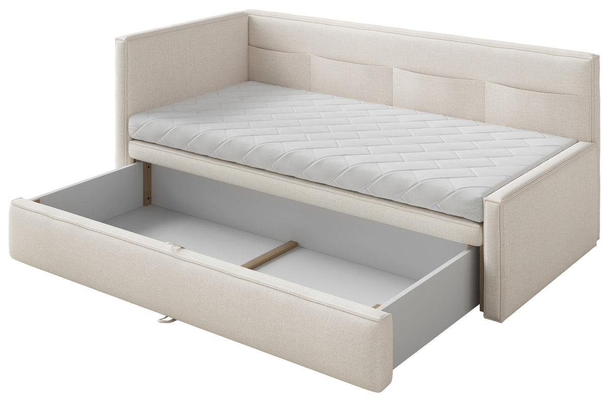 Lit jeune 90x200 cm Nesmi gauche avec rangement, crème en chenille facile à nettoyer