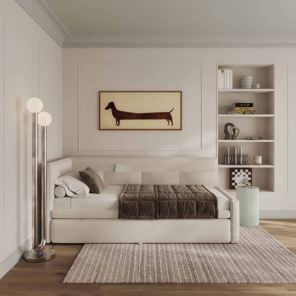 Lit jeune 90x200 cm Nesmi gauche avec rangement, crème en chenille facile à nettoyer