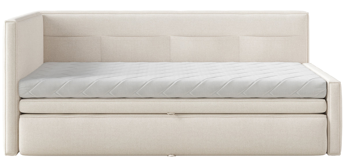 Lit jeune 90x200 cm Nesmi gauche avec rangement, crème en chenille facile à nettoyer