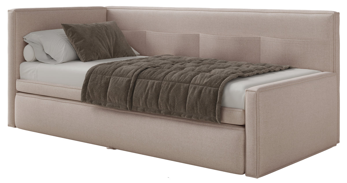 Jugendbett 90x200 cm Nesmi linksseitig mit Matratze und Stauraum, beige Chenille, pflegeleicht
