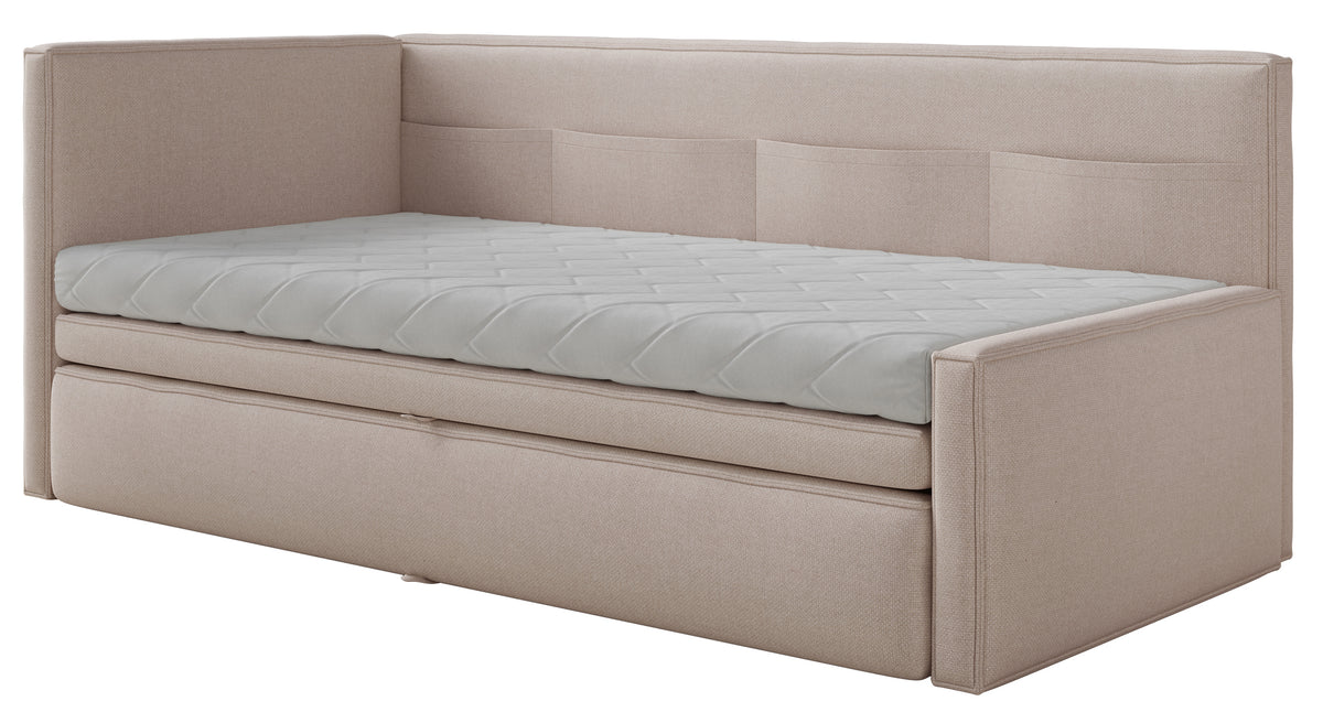 Lit jeune 90x200 cm Nesmi gauche avec rangement beige en chenille facile à nettoyer