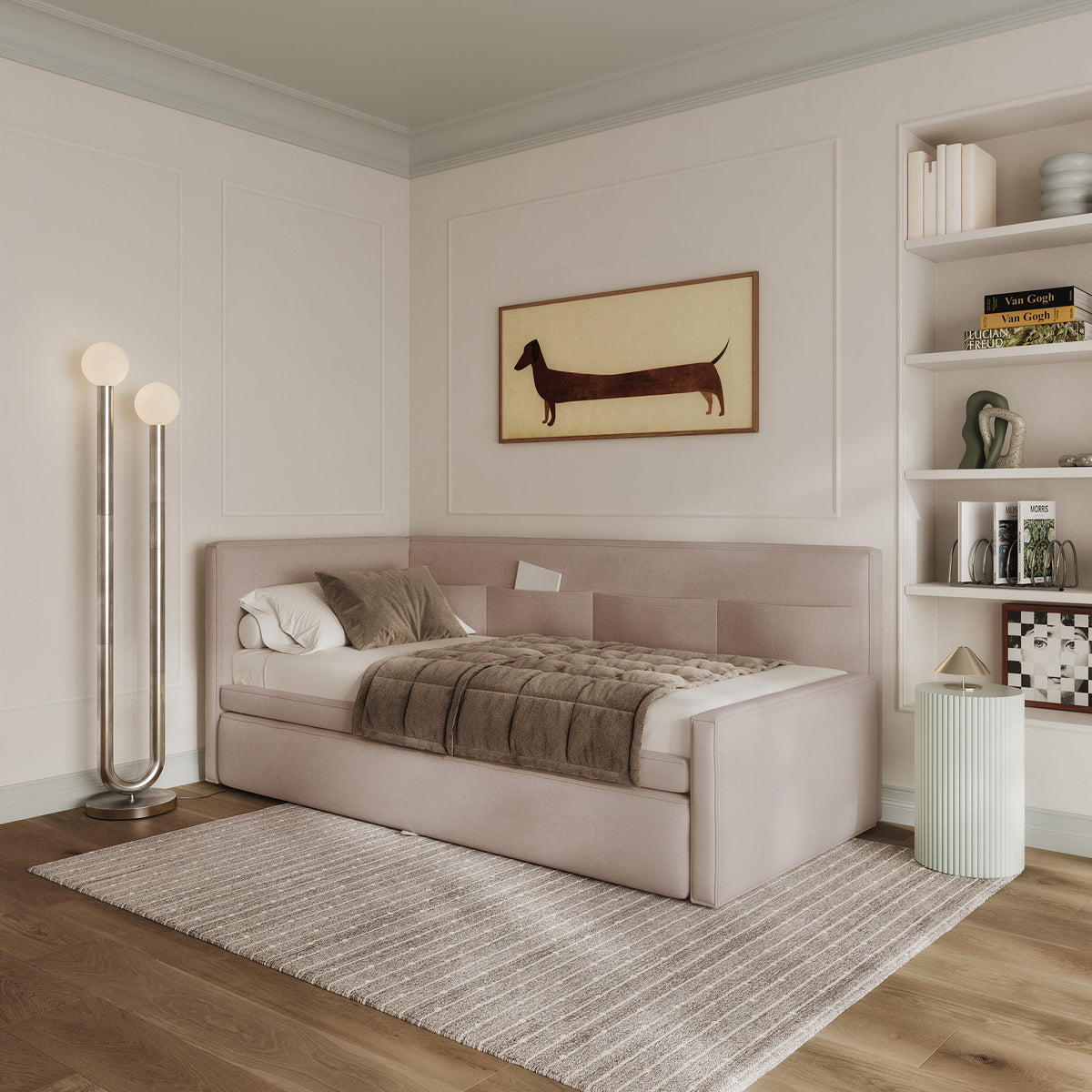 Jugendbett 90x200 cm Nesmi linksseitig mit Matratze und Stauraum, beige Chenille, pflegeleicht