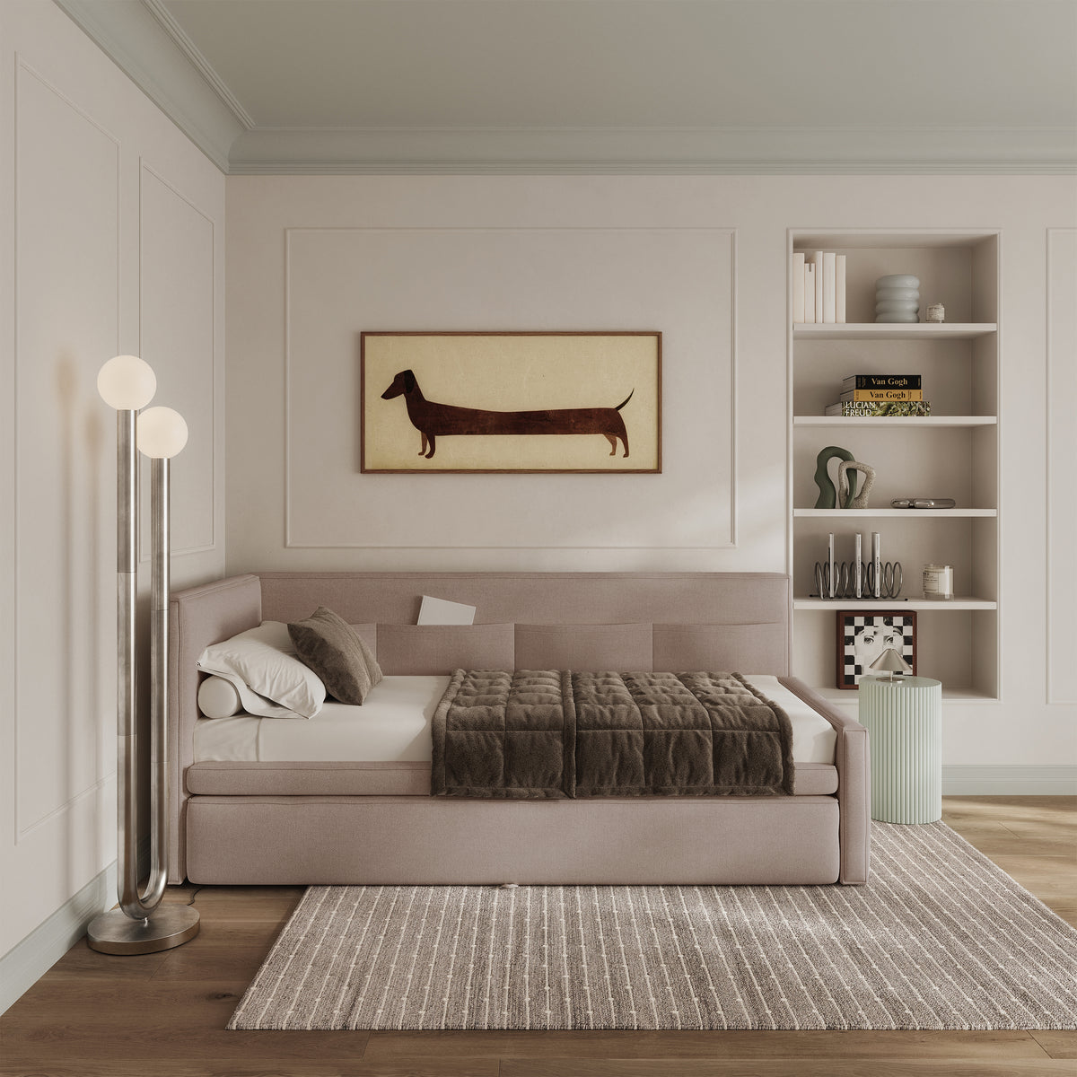 Lit jeune 90x200 cm Nesmi gauche avec rangement beige en chenille facile à nettoyer