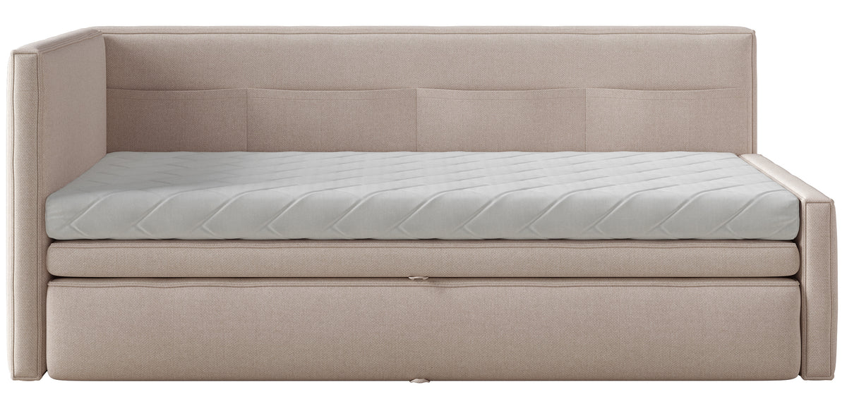 Lit jeune 90x200 cm Nesmi gauche avec rangement beige en chenille facile à nettoyer