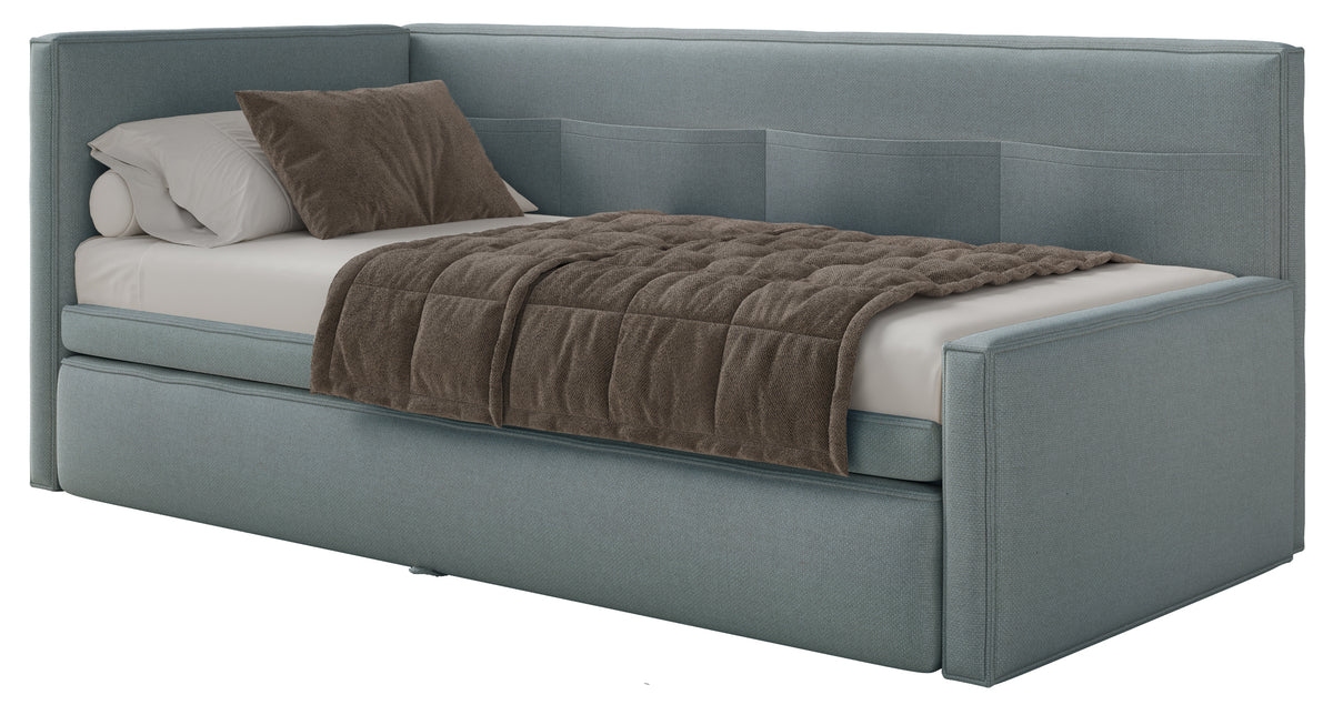 Lit jeune 90x200 cm Nesmi tiroir gauche avec matelas bleu en chenille facile à nettoyer