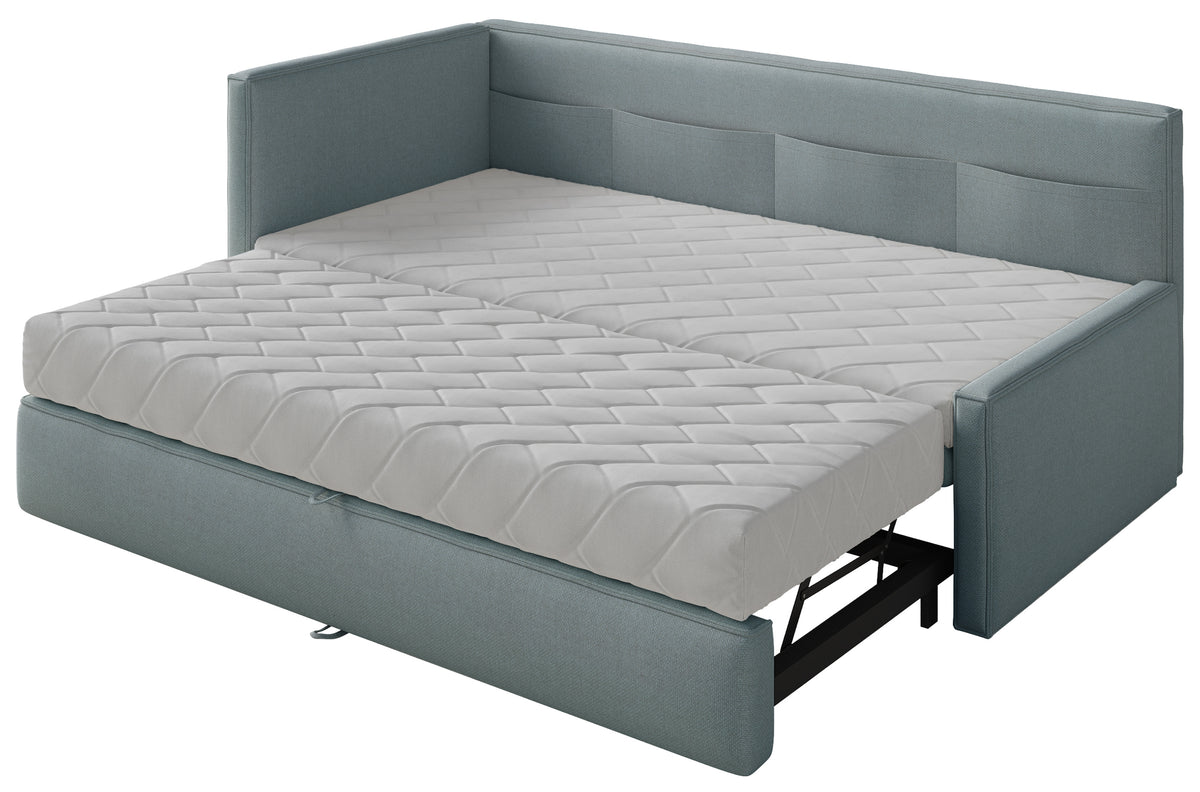 Lit jeune 90x200 cm Nesmi tiroir gauche avec matelas bleu en chenille facile à nettoyer