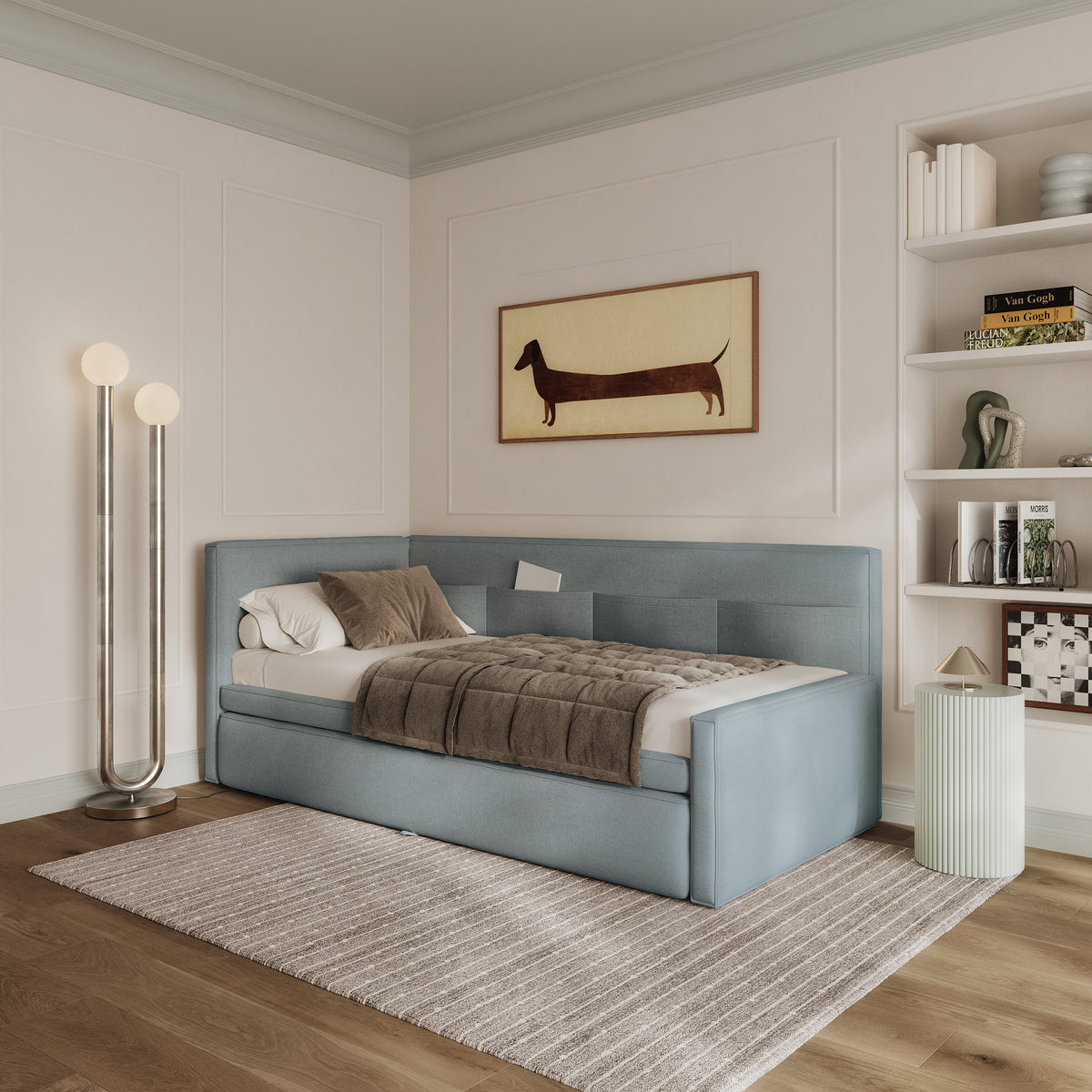 Lit jeune 90x200 cm Nesmi tiroir gauche avec matelas bleu en chenille facile à nettoyer