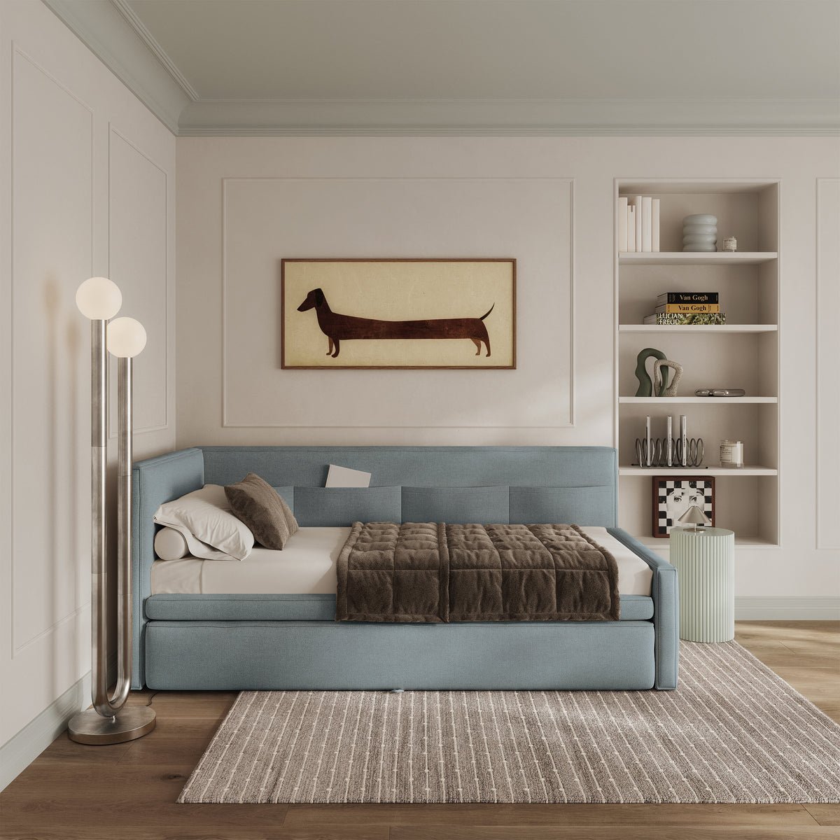 Lit jeune 90x200 cm Nesmi tiroir gauche avec matelas bleu en chenille facile à nettoyer