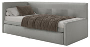 Jugendbett 90x200 cm Nesmi linksseitig mit Matratze und Stauraum hellgrauer, pflegeleichter Chenillestoff
