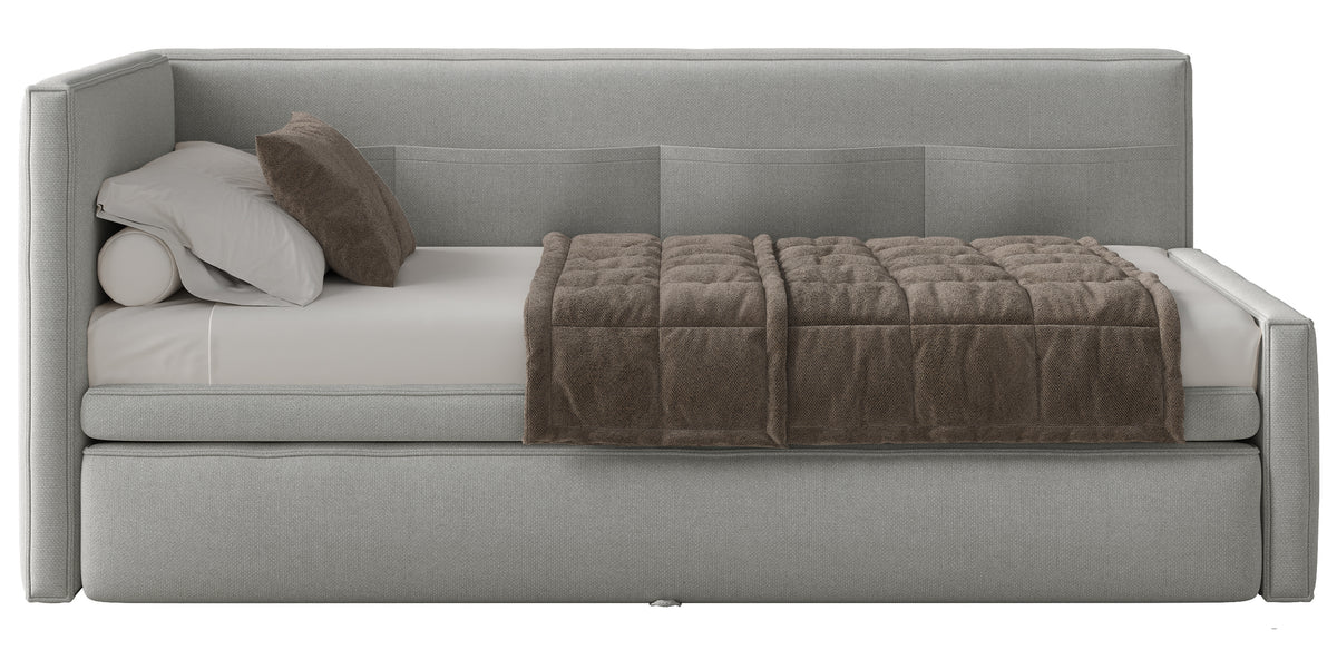 Jugendbett 90x200 cm Nesmi linksseitig mit Matratze und Stauraum hellgrauer, pflegeleichter Chenillestoff