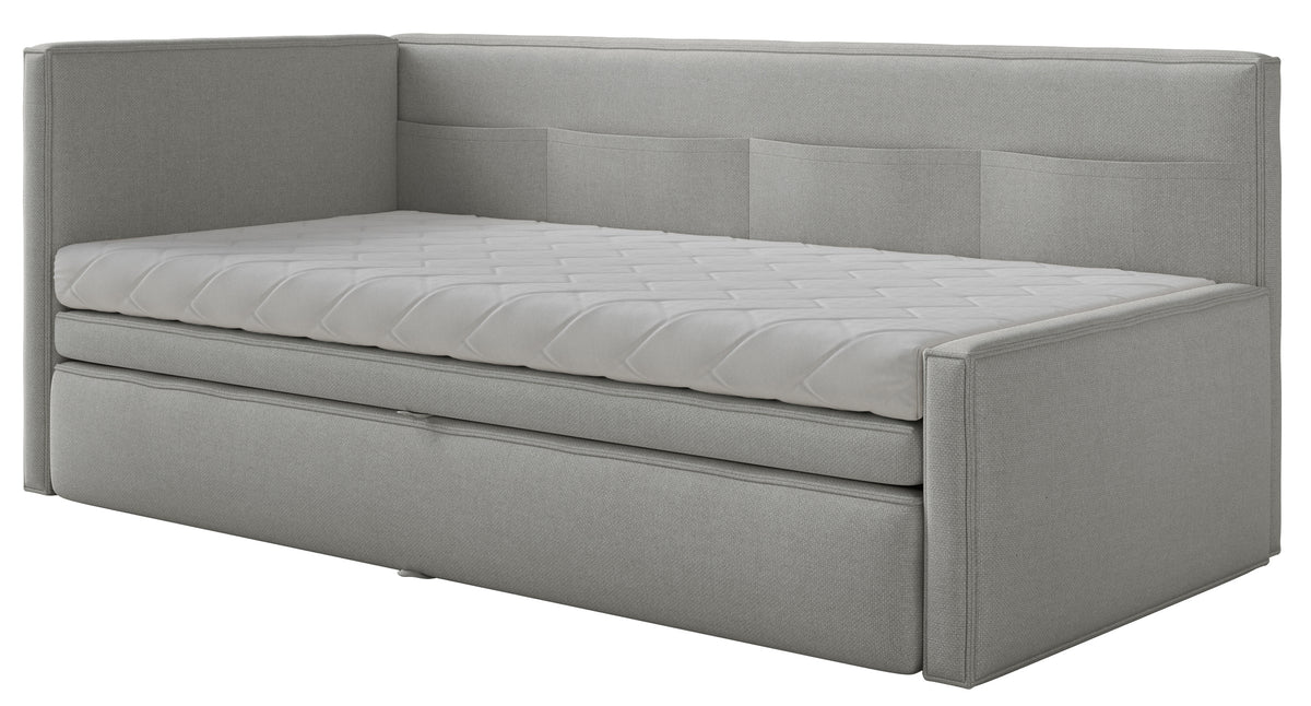Jugendbett 90x200 cm Nesmi linksseitig mit Matratze und Stauraum hellgrauer, pflegeleichter Chenillestoff