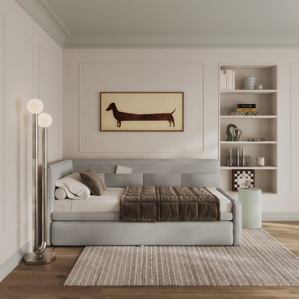 Jugendbett 90x200 cm Nesmi linksseitig mit Matratze und Stauraum hellgrauer, pflegeleichter Chenillestoff